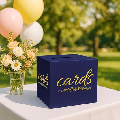Navy Blue and Gold Card Box for Party Graduation Baby Bridal Shower Birthday Funeral 7.8 x 7.8 x 7.8 In Gift Card Holder Wedding Card Boxes for Reception Raffle Voting Ballot Box with Slot - color: BlueGoldF