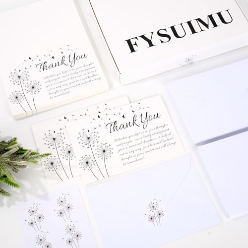 FYSUIMU 50Pcs Funeral Thank You Cards Bulk Boxed Black Dandelion Sympathy Thank You Cards with Sticker Envelope Bereavement Card for Memorial Service Loved Ones Celebration of Life - style: Dandelion