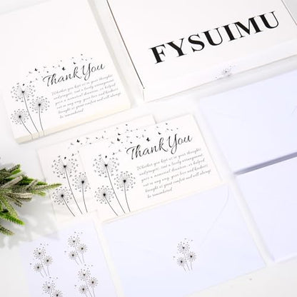 FYSUIMU 50Pcs Funeral Thank You Cards Bulk Boxed Black Dandelion Sympathy Thank You Cards with Sticker Envelope Bereavement Card for Memorial Service Loved Ones Celebration of Life - style: Dandelion