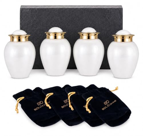 Everlasting Pearl White Mini Urn for Human Ashes | Set of 4 Keepsake Memorial Urns Burial Ash Storage Decorative Urns with Paper Funnel Velvet Carry Bag and Gift Box