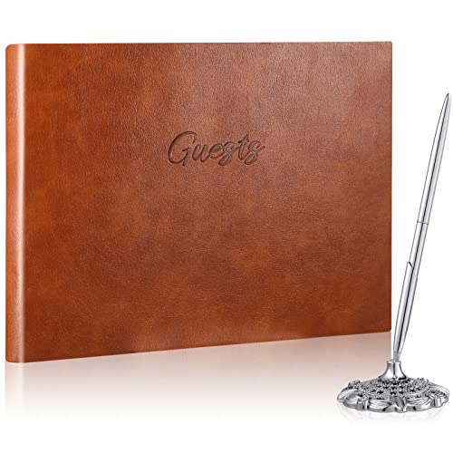 Geyee Leather Guest Book and Pen Stand Set, 10.5" x 8" Embossed Guests Sign in Book Registry Book for Funeral, Wedding Reception, Vacation Homes and Events, 80 Sheets (Brown) - color: Brown