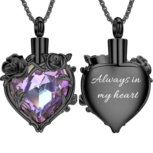 Rose Flower Cremation Urn Necklace for Ashes Heart Crystal Memorial Jewelry for Women Urn Keepsake Pendant Human Pet Memorial Locket Holder - color: A-Black (Purple Stone) - Always in my heart