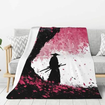 Japanese Cherry Blossom Throw Blanket, Flannel Blankets for Couch 50"×60" - color: Japanese Cherry Blossom Samurai