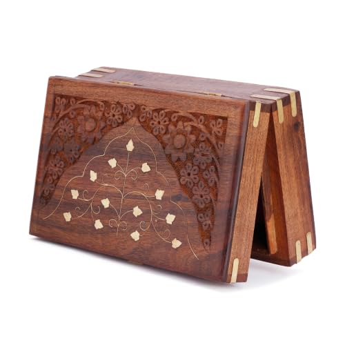Ajuny Wooden Jewellery Box Brass Inlay Hand Carved Keepsake Chest 8x5