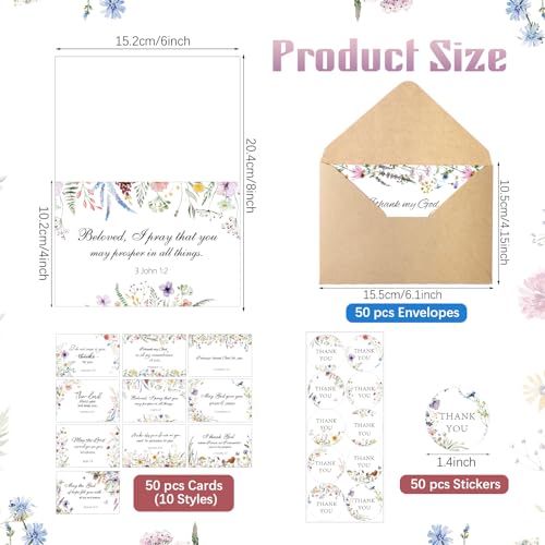 Affrolling 50 Pcs Christian Thank You Cards Bulk with Envelopes Stickers - style: Wildflower