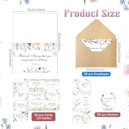 Affrolling 50 Pcs Christian Thank You Cards Bulk with Envelopes Stickers - style: Wildflower