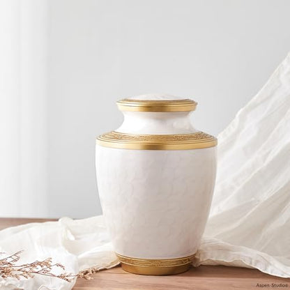 AspenStudio White Gold Brass Urn Cremation for Adult Human Ashes - Large Size Capable to 200 lbs