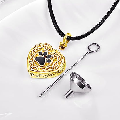 Dreamboat Pet Urn Necklace for Dog Cat Ashes 925 Sterling Silver Paw Print Cremation Keepsake Pendant Celtic Knot Memorial Jewelry Gifts for Women Men - style: 03C-Heart (Gold)