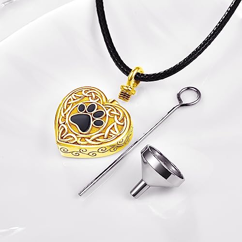 Dreamboat Pet Urn Necklace for Dog Cat Ashes 925 Sterling Silver Paw Print Cremation Keepsake Pendant Celtic Knot Memorial Jewelry Gifts for Women Men - style: 03C-Heart (Gold)