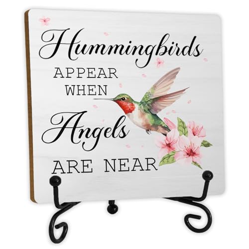 Hummingbird Memorial Wooden Desk Sign, Sympathy Gifts for Loss of Loved One, Hummingbirds Appear When Angels Are Near Memorial Wood Plaque With Stand for Home Room Decorations, 5x5 Inch