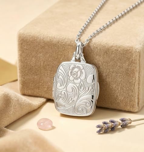 YOUFENG Love Heart Locket 14K Gold-Filled Oval Circle Rectangle Lockets that Hold Pictures Floral Patterns Necklace for Women - color: Rectangle