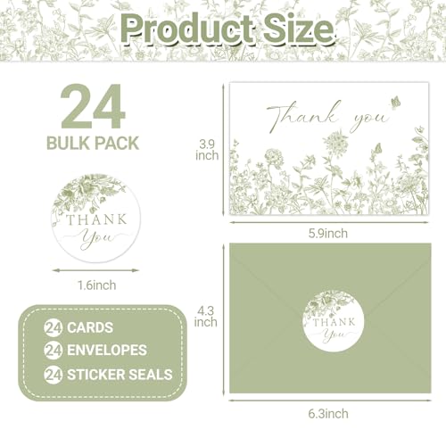 24 Pack Sage Green Floral Thank You Cards With Envelopes Stickers, Summer Wedding Floral Thank You Card Greenery Bridal Shower Birthday Supplies - style: 24 pcs - Green Flowers