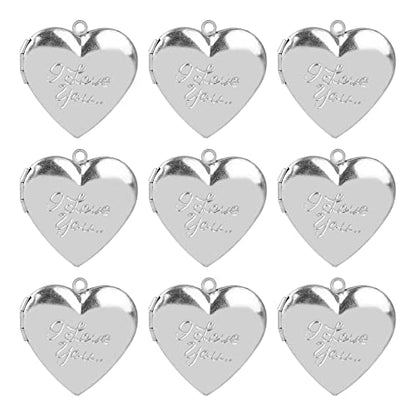 Framendino, 10 Pack Stainless Steel Locket Pendants Photo Frame Charms Heart I Love You for DIY Making