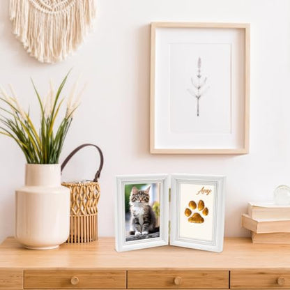 Avont Paw Print Kit, Pet Memorial Keepsake with Frame | Skin-Friendly Air-Dry Clay | Wooden Double-Hinged Frame | DIY Pet Name Stencils | Tabletop & Wall Mount | White - color: White