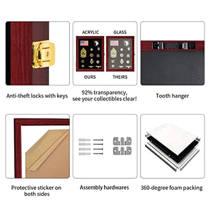 VERANI Pin Display Case Badge Display Frame Oversized Mahogany | Flexible layout arrangement,Premium real clear glass door,Solid wood matte black frame,Wall mountable design - size: 16x25 - Mahogany