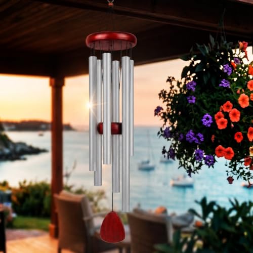 Wind Chimes for Outside Deep Tone,Wooden & Aluminum Alloy Wind Chime, Relaxing Soothing Melody, Memorial Sympathy Gift for Mom & Women Friends, 37in Large Outdoor Wind Chimes for Garden Patio (Silver) - color: Silver