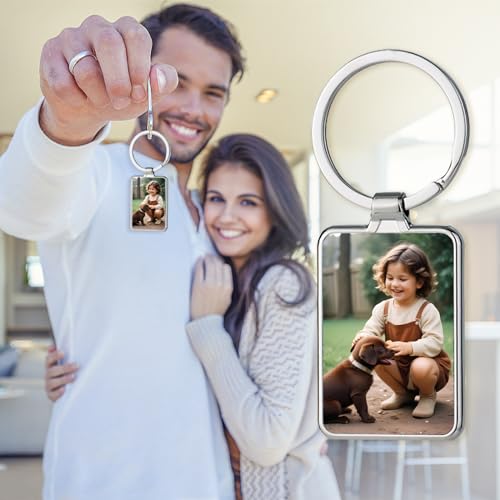 Personalized Custom Keychain with Picture - Turnable Double Sided Colorful Photo Key chains Memorial Gifts for Family Lover - color: Tw - Rectangle - Silver