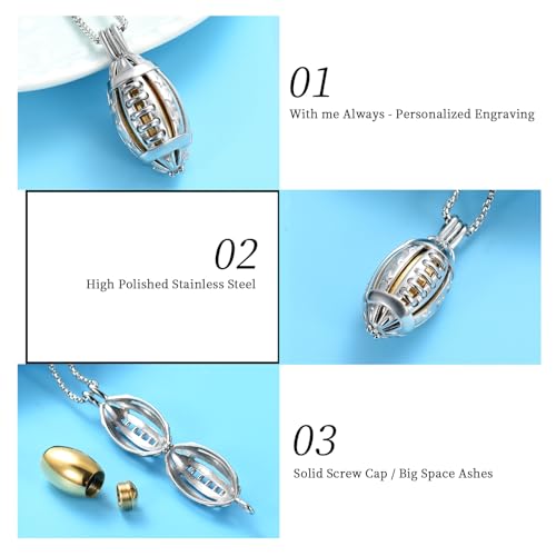 Oinsi American Football Cremation Locket Necklace For Ashes Of Loved Ones Stainless Steel Memorial Urn Jewelry Women Men Keepsake Fashion Necklace - color: Silver-Gold