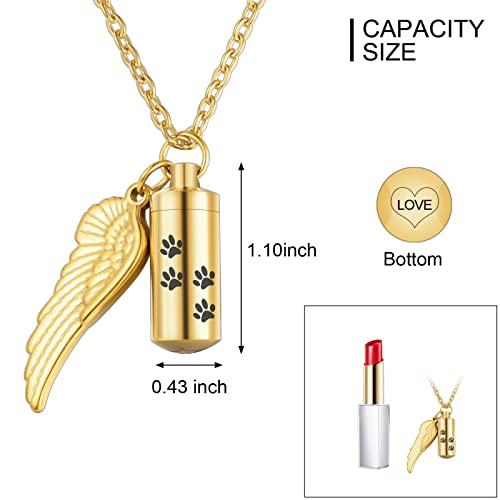 abooxiu Cylinder Cremation Urn Necklace with Angel Wing and Pet Paw - Ashes Keepsake for Dog/Cat Memorial Jewelry - color: Gold-S