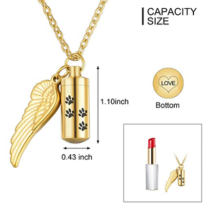 abooxiu Cylinder Cremation Urn Necklace with Angel Wing and Pet Paw - Ashes Keepsake for Dog/Cat Memorial Jewelry - color: Gold-S