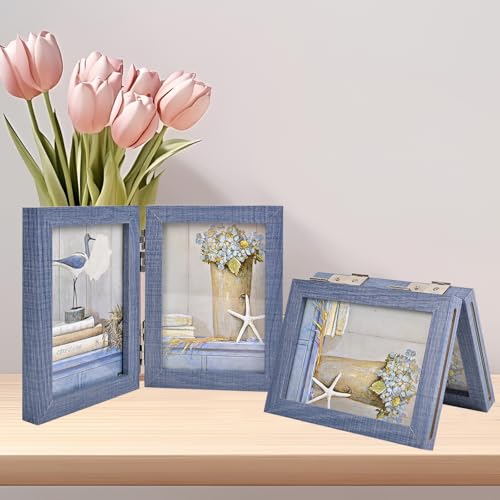 Collage Picture Photo Frames - 3.5x5, Triple Hinged 2 Desk Picture Frame, Wooden Desk Tabletop Family Photo Frame with Glass Opening, Decorative Folding Trifold Picture Frame Stand Vertical, Blue - style: Collage Blue 2-Fold,3×3.5"