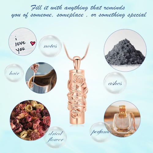 Cylinder Urn Necklace for Ashes Roseflower Cremation Jewelry Urn Ashes Necklace for Women Men Memorial Keepsake Necklace of Loved One - color: Customzie