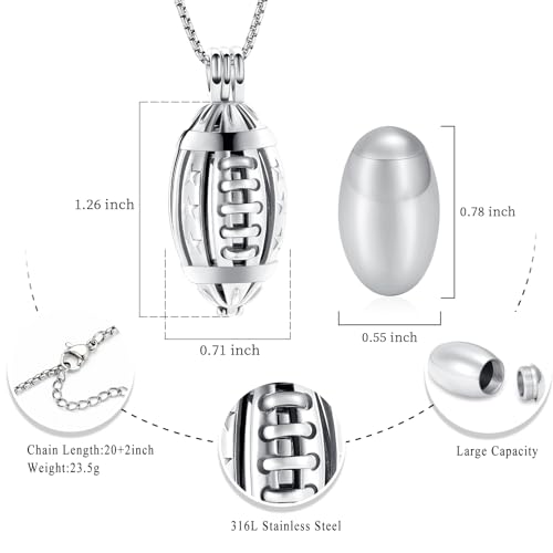 Oinsi American Football Cremation Locket Necklace For Ashes Of Loved Ones Stainless Steel Memorial Urn Jewelry Women Men Keepsake Fashion Necklace - color: All Silver
