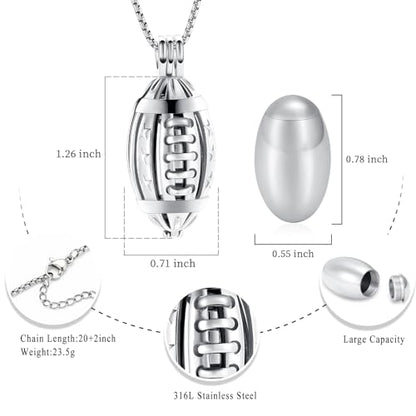 Oinsi American Football Cremation Locket Necklace For Ashes Of Loved Ones Stainless Steel Memorial Urn Jewelry Women Men Keepsake Fashion Necklace - color: All Silver