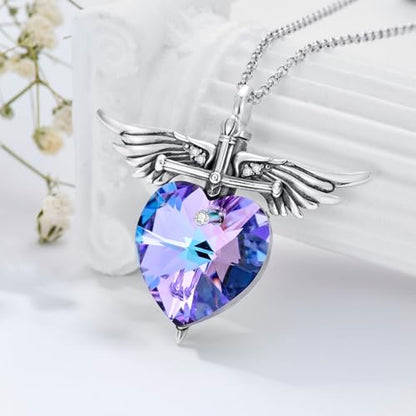 SOULMEET Memorial Wings Necklace for Ashes with Large Heart Crystal Birthstone, Angel Wings Urn Necklaces with Heart Shaped Birthstone Keepsake Silver Cremation Jewelry - style: B-February