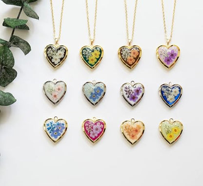 Handmade Heart Shaped Dried Pressed Forget Me Not Flower Photo Locket Pendant Necklace - color: Silver, style: customized