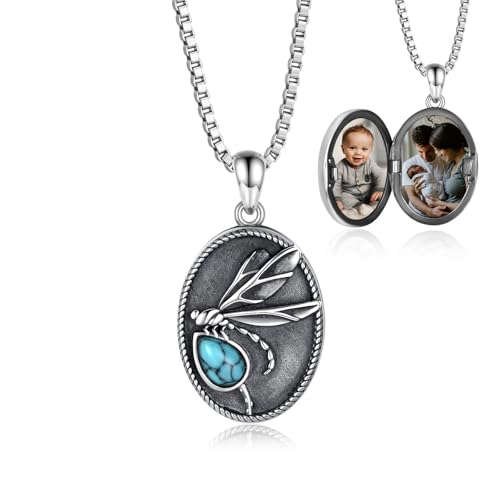 925 Sterling Silver Oval Turquoise Lockets Pendant that Holds Pictures Vintage Jewelry Memorial Gifts for Women - style: Dragonfly