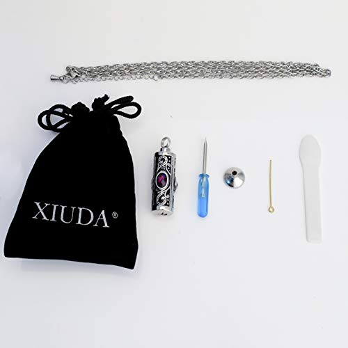 XIUDA Crystal Cremation Urn Necklace for Ashes Keepsake Stainless Steel Memorial Pendant with Flower - color: Text Engraved