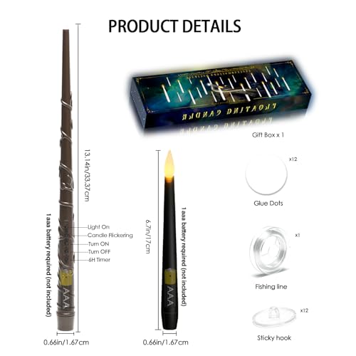 Lezonic Black Floating Candles with Wand Remote, Set of 12 Magic Flameless Candles Battery Operated, Flikering Hanging LED Taper Candlesticks Christmas Decorations, 0.51" x 6.7" - color: 12pcs(Black)