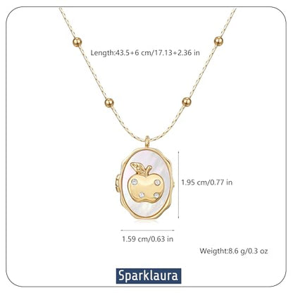 Gold Locket Necklace for Women Vintage, Heart Star Moon Butterfly Angel Holds Picture Photo Oval Locket Pendant Memorial Necklace Personalized Celestial Jewelry Birthday Gifts - style: Oval Apple