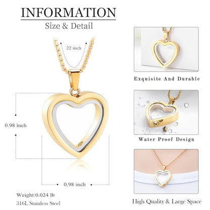 zeqingjw Glass Cremation Jewelry Necklace for Ashes Heart Memorial Lockets for Ashes Stainless Steel Keepsake Urn Ashes Pendants - color: Gold