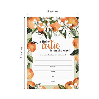 Canopy Street Little Cutie Baby Shower Invites / 25 Baby Shower Invitation Cards With White Envelopes / 5" x 7" Citrus Clementine Fruit New Baby Party Invitations/Fill In Gender Neutral Invite Cards - color: Little Cutie
