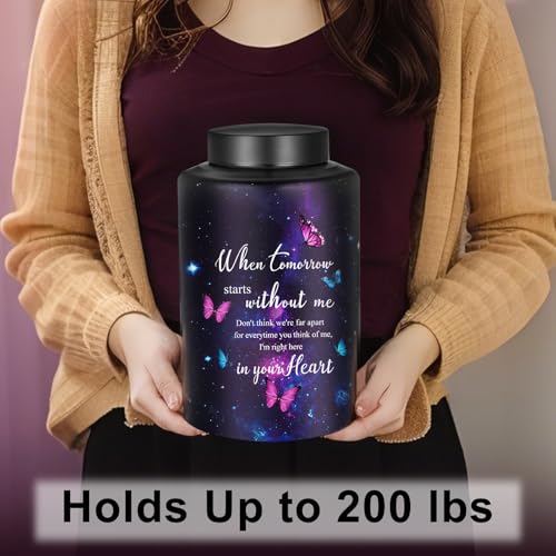 Abooxiu 10 Inches Cremation Urns for Human Ashes Keepsakes Urns Purple Butterfly Urn for Human Ashes Decorative Urns for Adult Male Memorial Stainless Steel Funeral Burial Um - Up to 200 lbs