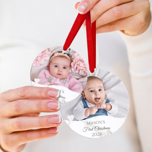 Personalized Baby First Christmas Ornaments Boy/Girl, Custom Photo and Name 2025 Christmas Tree Ornament, Velvet Pouch Included, 3.75" ACM Ornament, Made in The USA - color: Baby Heart