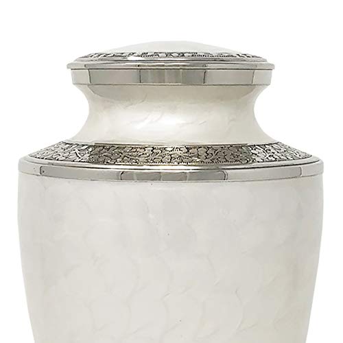 White Mother of Pearl Cremation Urn - White with Silver Accents, Adult Cremation Urn