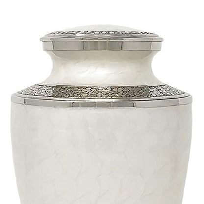 White Mother of Pearl Cremation Urn - White with Silver Accents, Adult Cremation Urn