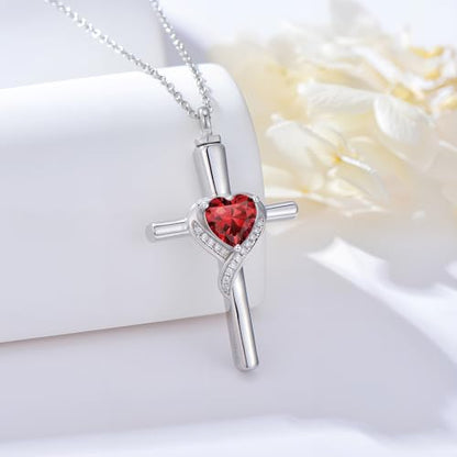 TOUPOP Cross Urn Necklaces for Ashes Birthstone Cremation Jewelry 925 Sterling Silver Cross Memorial Keepsake Funeral Jewelry for Women (with Funnel Filler) - color: 01-January-Garnet