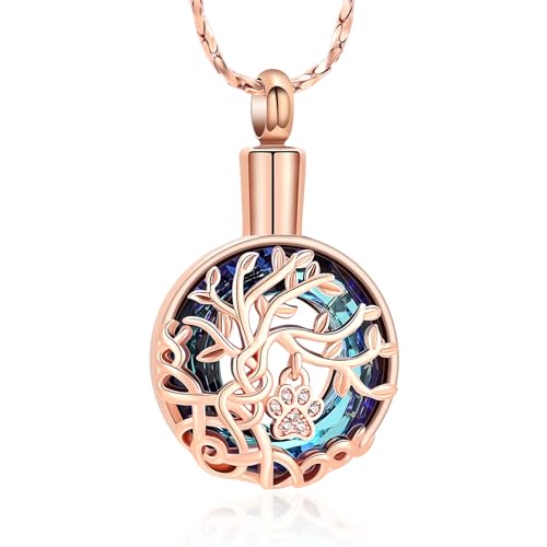 Imrsanl Tree of Life Urn Necklace for Ashes Paw Print Circle of Life Cremation Jewelry Keepsake Pendant Memorial Pet Ashes Holder for Women Men - color: Rose Gold-Blue