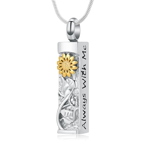 Flower Celtic Cremation Jewelry for Women Men Cylinder Bar Sunflower Urn Necklace for Ashes Pendant Necklace Vial Memorial Keepsake Jewelry for Ashes Necklace of Loved Ones - color: Silver&Gold