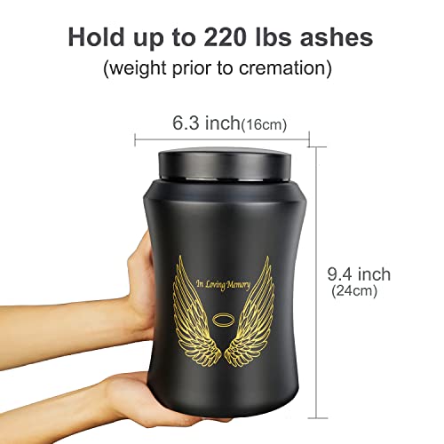 Up to 220 lbs Large Cremation Urns for Adult Human Ashes, Angel Wings in Loving Memory Decorative Funeral Burial Urn for Male Female Ashes with Velvet Bag(Black) | Full Size 220 lbs Capacity, Stainless Steel Material, Sealing Well & Waterproof, Funeral &