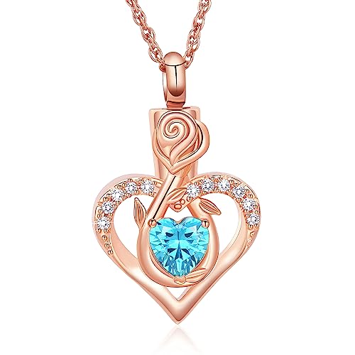 Roseflower Cremation Jewelry Heart Urn Necklace for Ashes for Women Gilrs Memorial Keepsake Birthstone Pendant Necklaces for Ashes of Loved Ones - color: Rose-blue