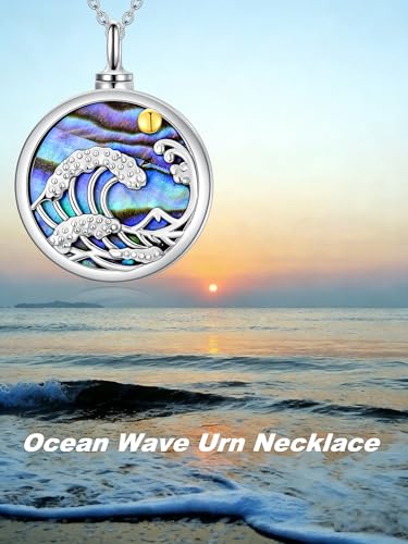 Urn Necklace for Women Sterling Silver Meaningful Memorial Jewelry | Paw Print/Butterfly/Dragonfly/Bird/Dolphin/Mountain/Tree of Life Urn Necklace for Ashes Cremation Keepsake Jewelry for Women - style: Abalone-Ocean Wave