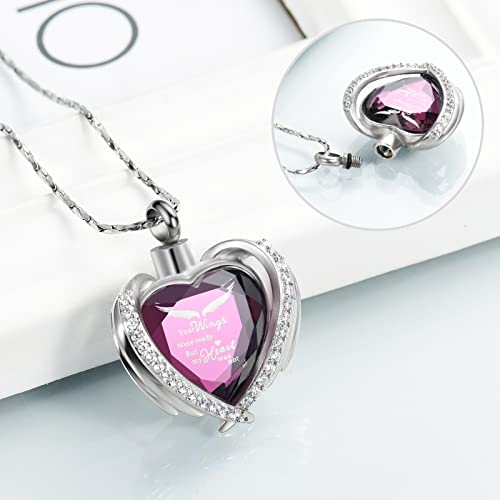 Imrsanl Cremation Jewelry for Ashes Pendant - Crystal Heart Urn Necklace with Mini Keepsake Urn Memorial Ash Jewelry - color: Wings-Purple