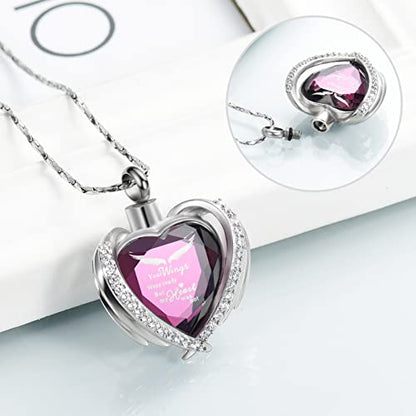 Imrsanl Cremation Jewelry for Ashes Pendant - Crystal Heart Urn Necklace with Mini Keepsake Urn Memorial Ash Jewelry - color: Wings-Purple