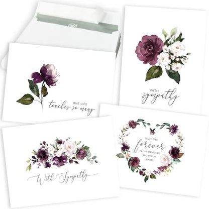 Sympathy Cards with Envelopes - 24 Pre-Scored Sympathy Cards with a Sentimental Design and a Thoughtful Message - 4 Unique Condolences Card Designs (Purple)