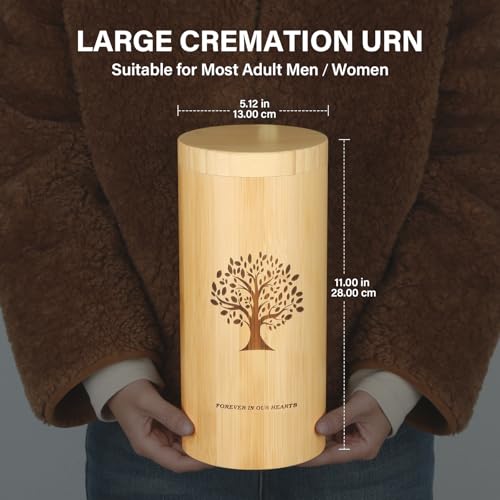 Large Urns for Human Ashes with Screw On Lid,Bamboo Cremation Urns for Ashes Adult Male Female Men Women,Large Scattering Tubes with Tree of Life Pattern,5.1 * 11 Inches,with Velvet Bag - size: Large urn with threaded lid